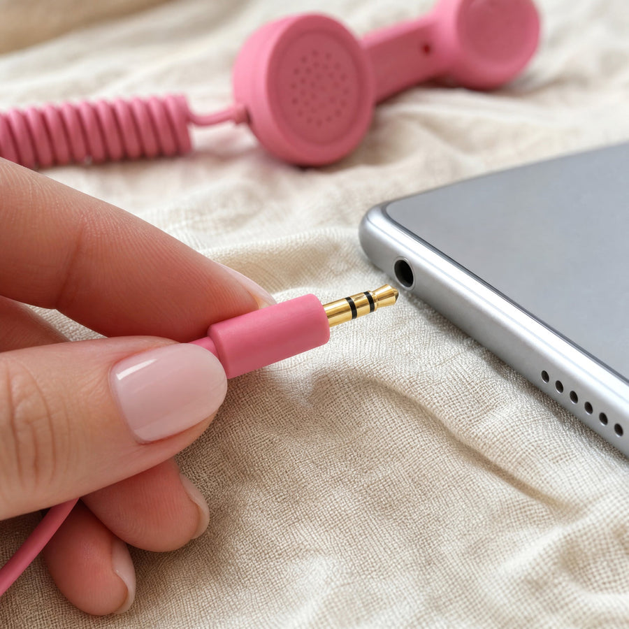 Pink 3.5 mm headset plug beside a headset socket